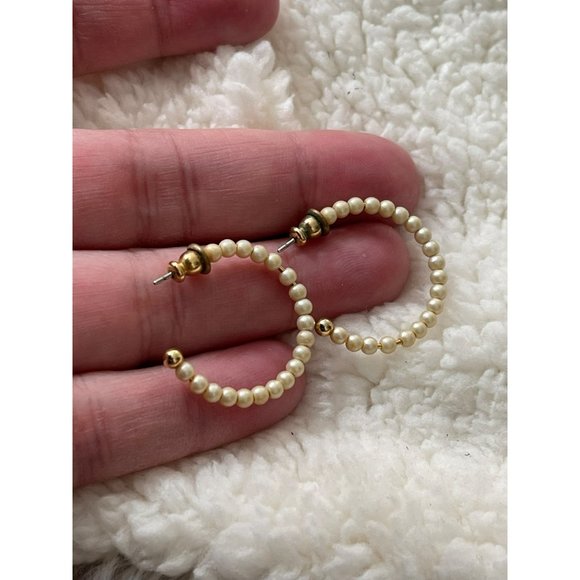 Vintage Silver Tone Beaded Dangle Bird Earrings & Semi Hoop Cream Bead Earrings - Picture 7 of 10